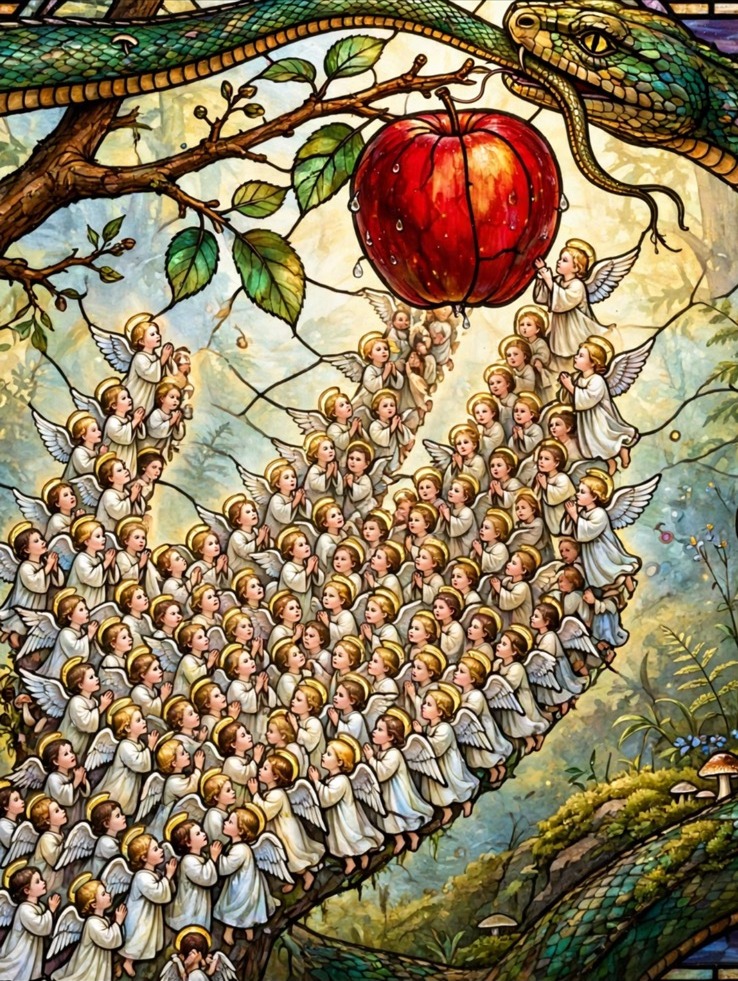 A stained-glass panel: a great host of small winged figures massed together, all
              looking up at a single red apple hanging from a branch, with a green serpent
              stretched along the branch above them.